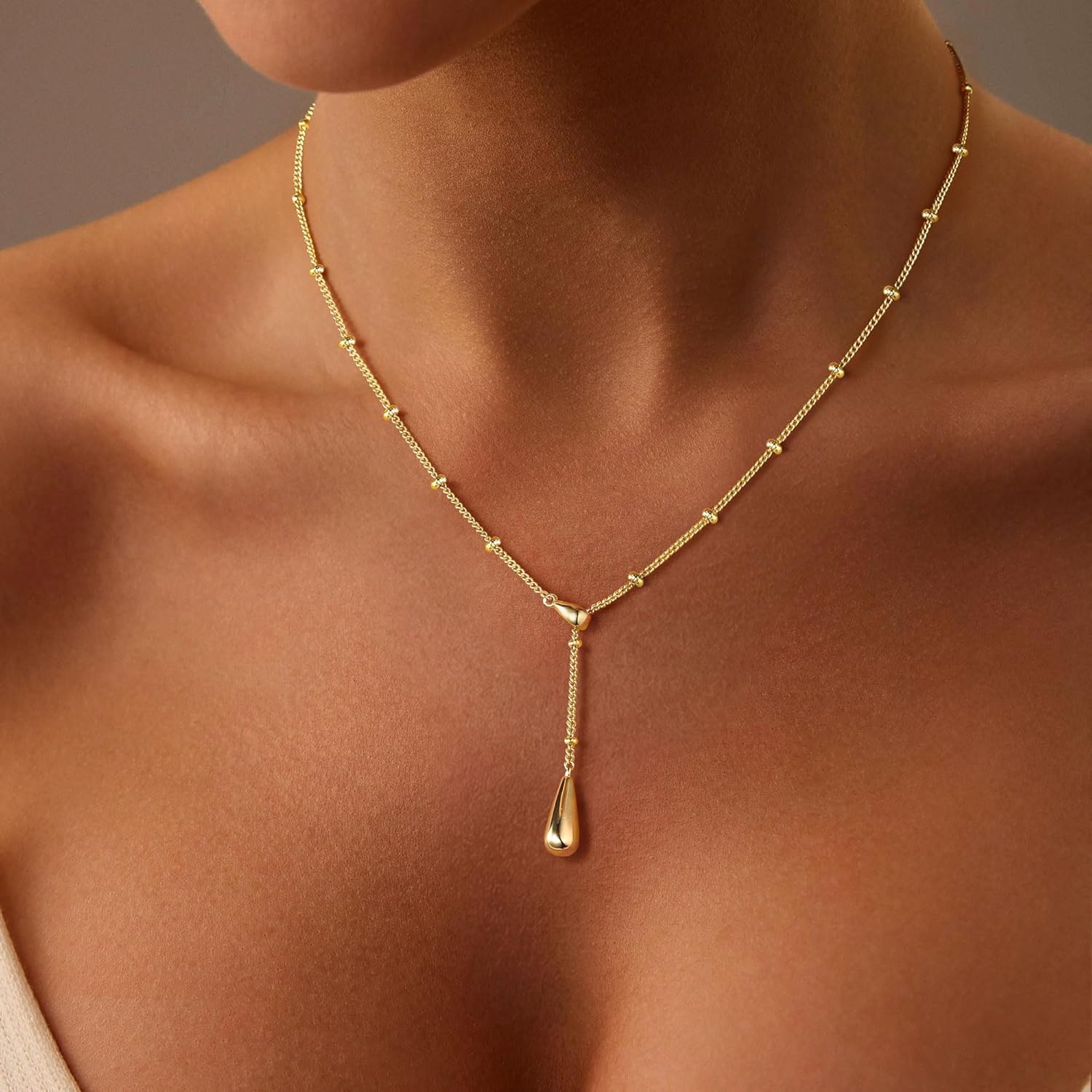 M MOOHAM Mothers Day Gifts - Dainty 14K Gold Plated Beaded Chain Small Pendant Necklaces Simple Pearl Circle Beads Italian Horn Teardrop Pendant Y-Shaped Necklace for Women Trendy Jewelry Gifts