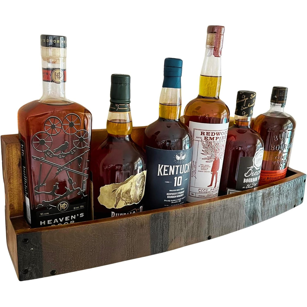 Liquor Bottle Display Shelf – Wall Bar Shelf For Whiskey, Wine & Bourbon | Rustic Wall-Mounted Wooden Whiskey Barrel Shelves, Countertop Rack, Stylish Space-Saving Small Liquor Cabinet For Enthusiasts