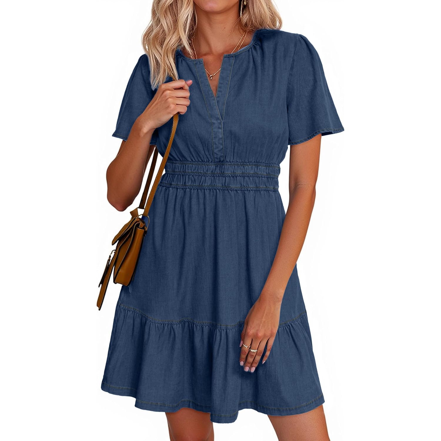 Simplee Womens Summer Denim Dress Casual Short Sleeve Tiered Mini Jean Dresses Western Cowgirl Country Outfits With Pockets