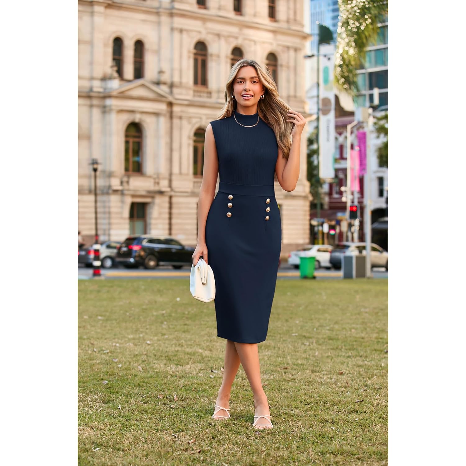 2026 Women's Lightweight Mock Neck Business Work Dress Sleeveless Double Breasted Bodycon Midi Dress