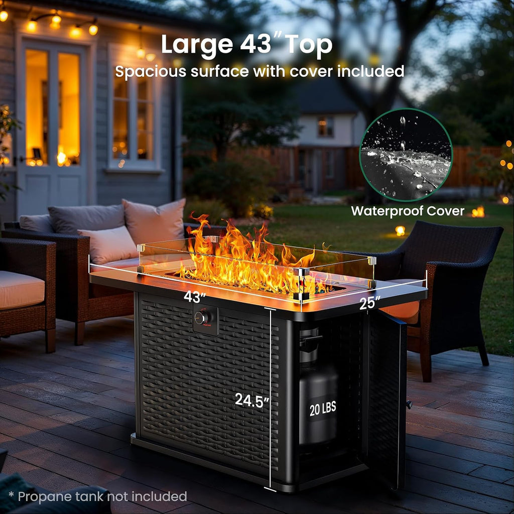 43-Inch Rectangular Propane Fire Pit With 60,000 Btu Output, Fire Pit Table Premium Gas For Outside Patio With 304 Stainless Steel H-Burner, Glass Stones, And Wind Guard,Black