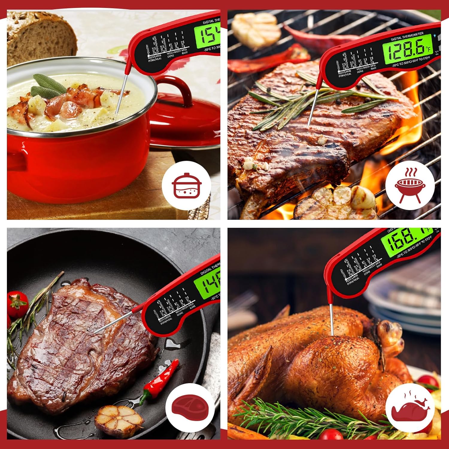 Meat Thermometer Digital, Instant Read Food Thermometer, Red | Waterproof Cooking Thermometer With Doneness Chart, Backlight, F/C Switch For Bbq, Candy, Oil