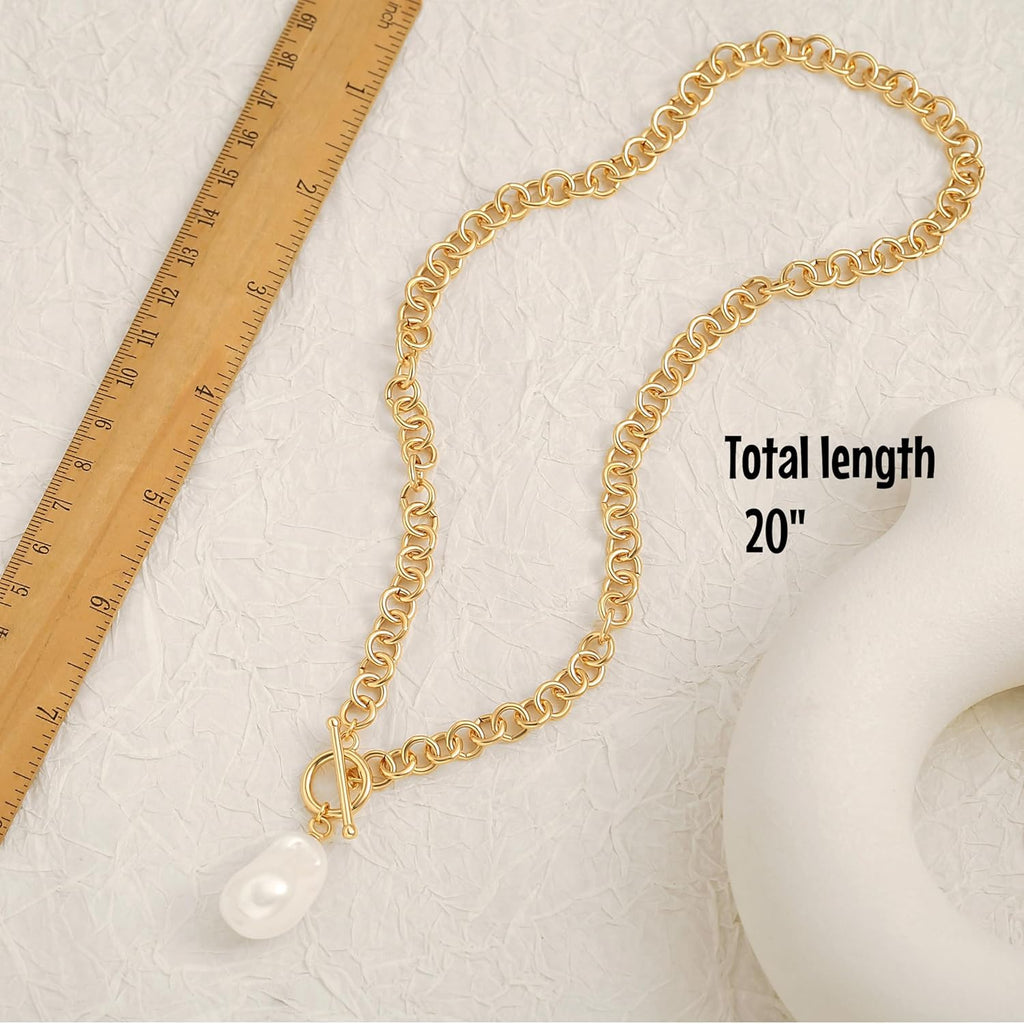18k Gold Plated Chain Link Necklace for Women, Baroque Pearl/Compass Pendant Necklace