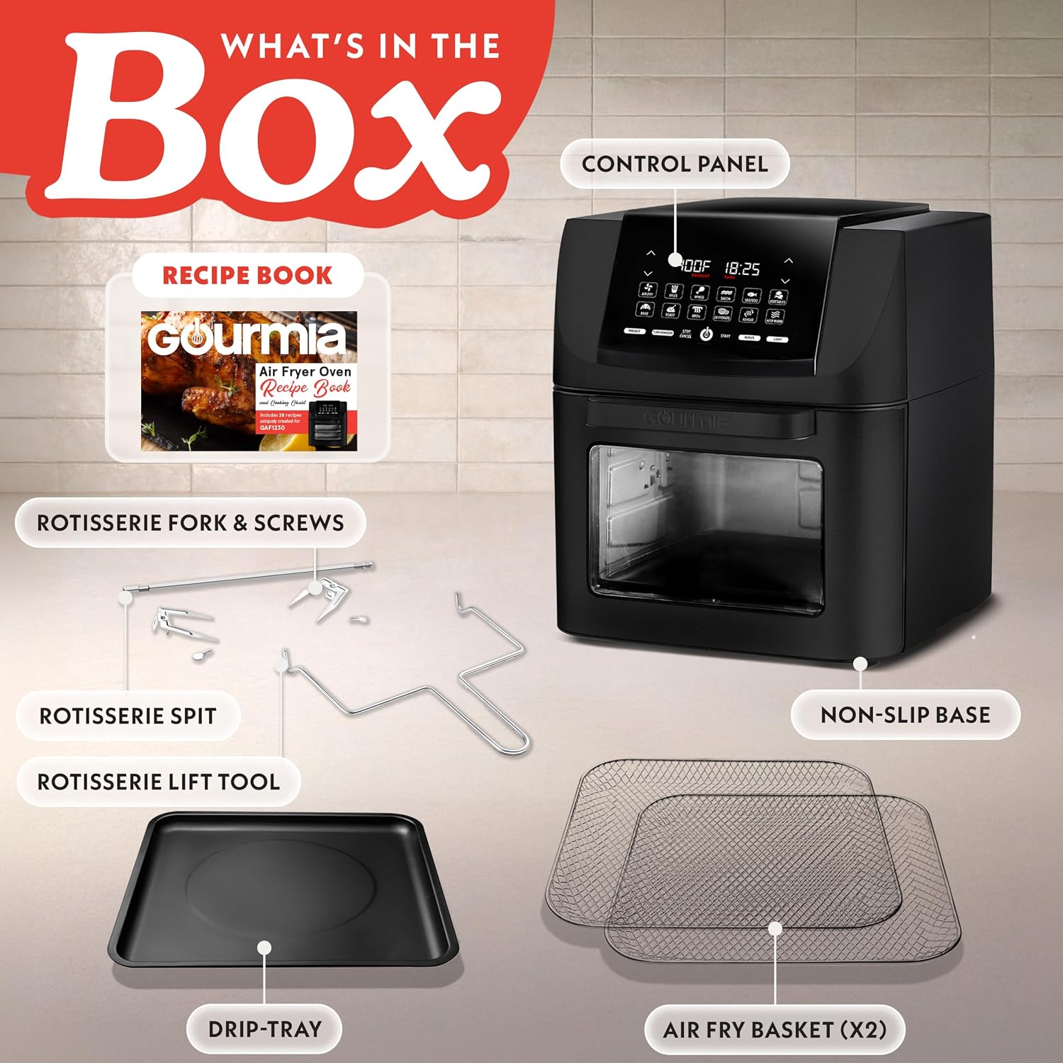 Gourmia Air Fryer - 14 Qt All-In-One Oven With Rotisserie, Digital Display With 12 Presets, Roast, Bake, Broil, Dehydrate, Dishwasher Safe Accessories, Black