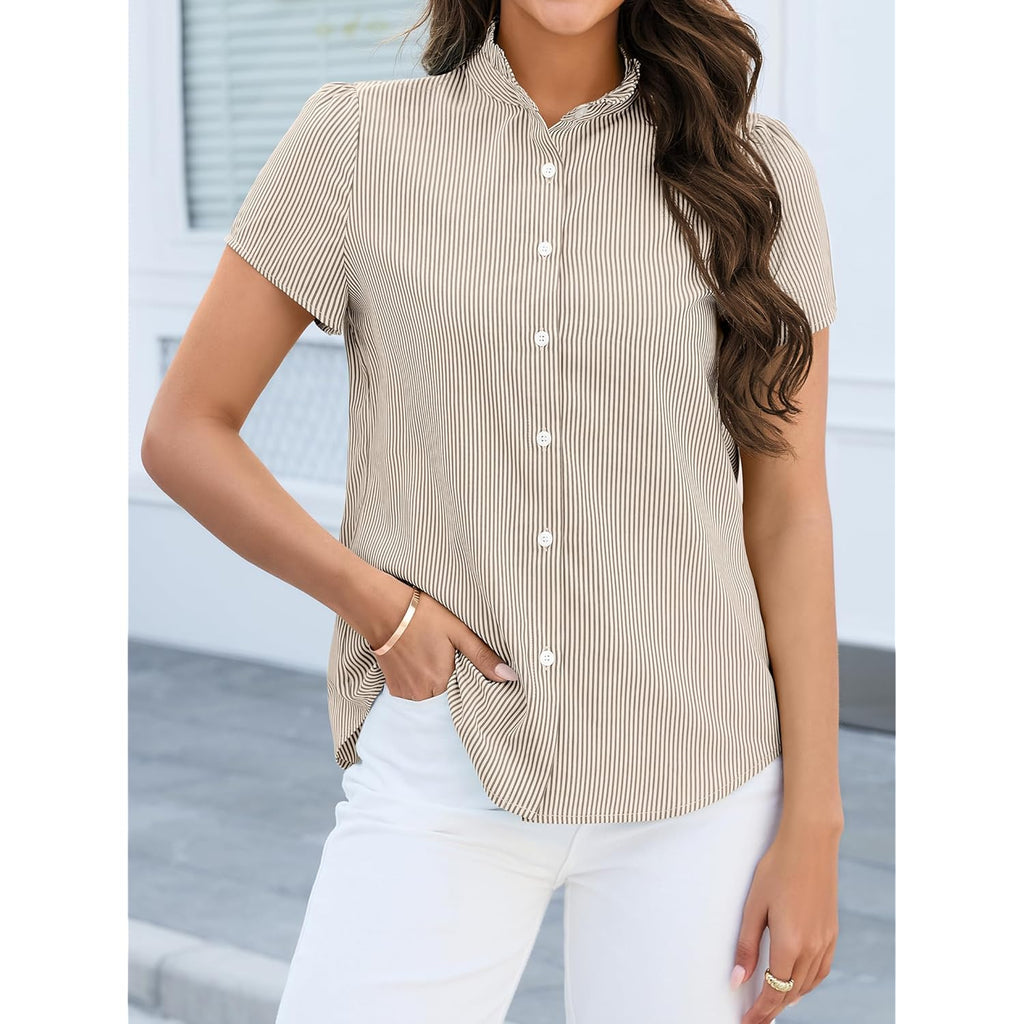 Women's Striped Button Down Shirts Summer Short Sleeve Tops Ruffle Collar Work Blouses Business Casual Outfits
