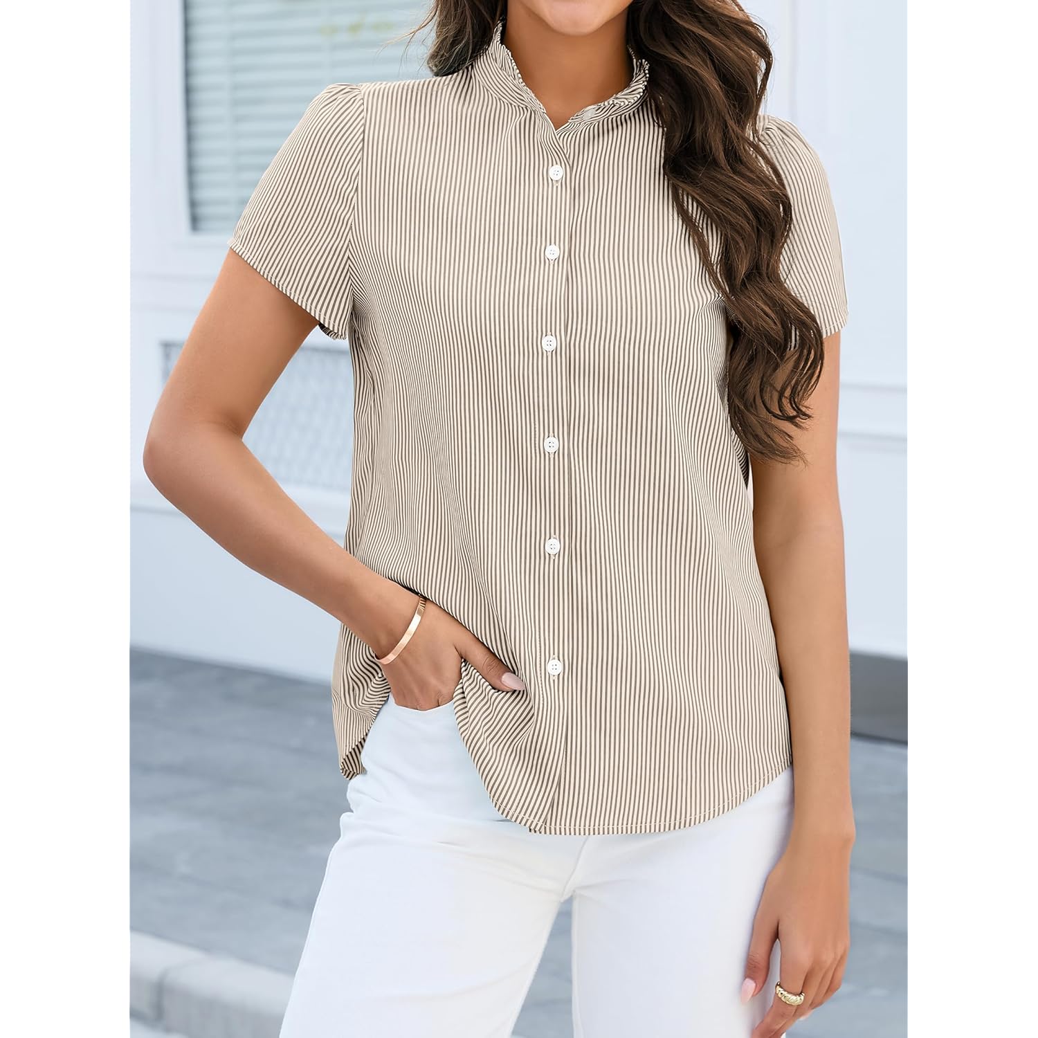 Women's Striped Button Down Shirts Summer Short Sleeve Tops Ruffle Collar Work Blouses Business Casual Outfits