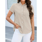 Women's Striped Button Down Shirts Summer Short Sleeve Tops Ruffle Collar Work Blouses Business Casual Outfits