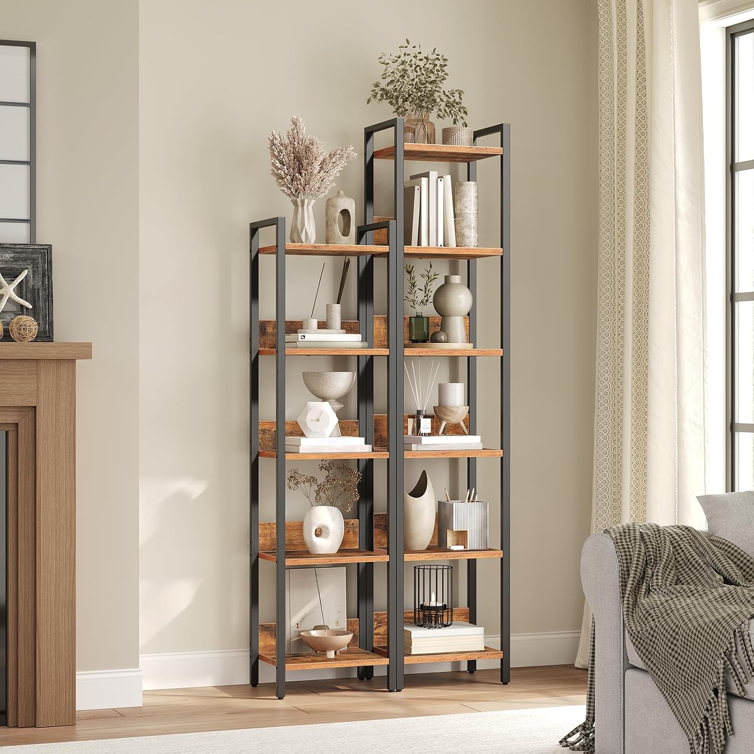 Mahancris Bookshelf, 5-Tier Bookcase, Standing Book Shelf For Small Space, Storage Shelf Organizer, For Living Room, Bedroom, Study, Balcony, Rustic Brown And Black Bkhr5501