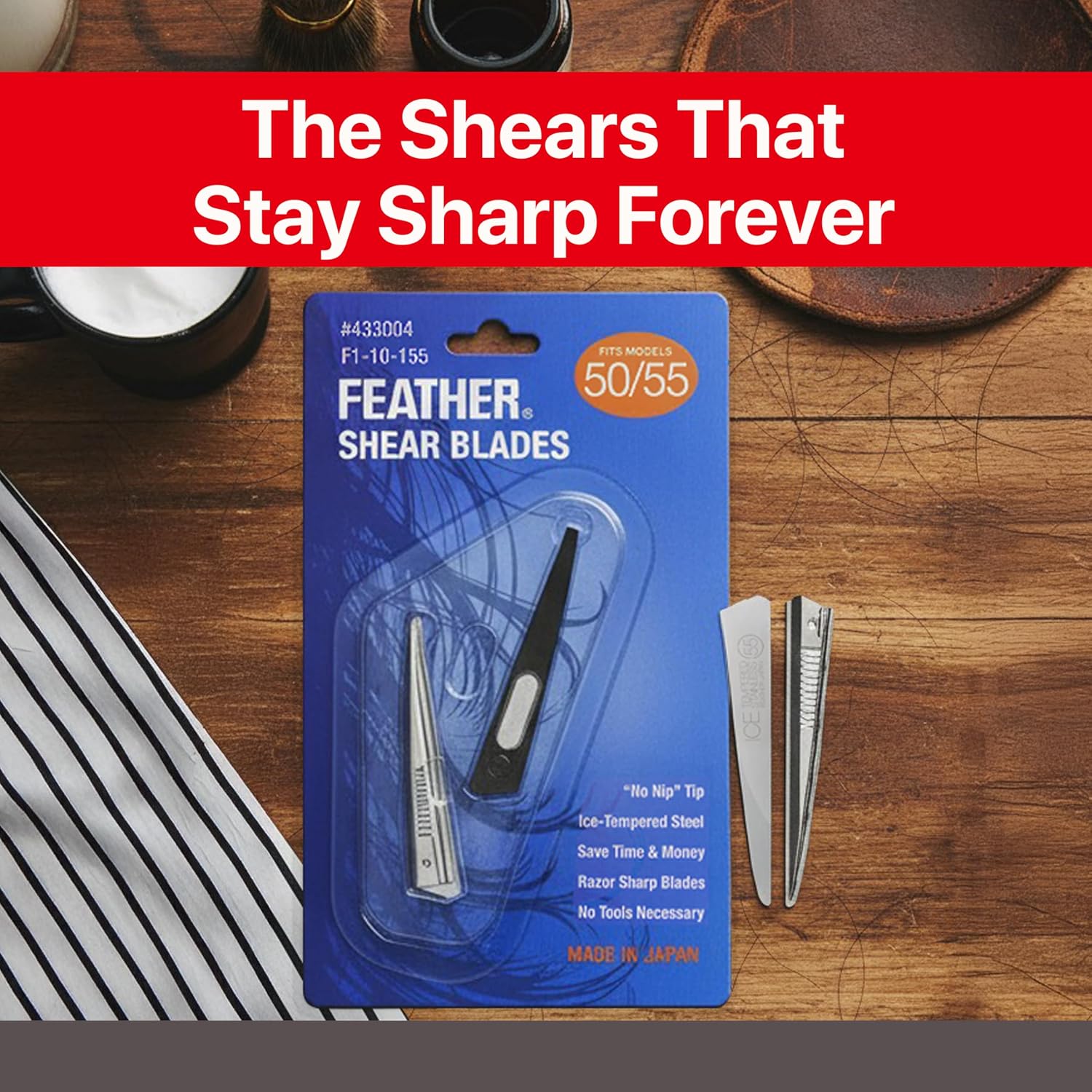 Feather - Switch-Blade Haircutting Shears Replacement Blades - Model 50/55 Scissors For Professional Stylists & Barbers - Stainless Steel - No-Nip Tip - Made In Japan