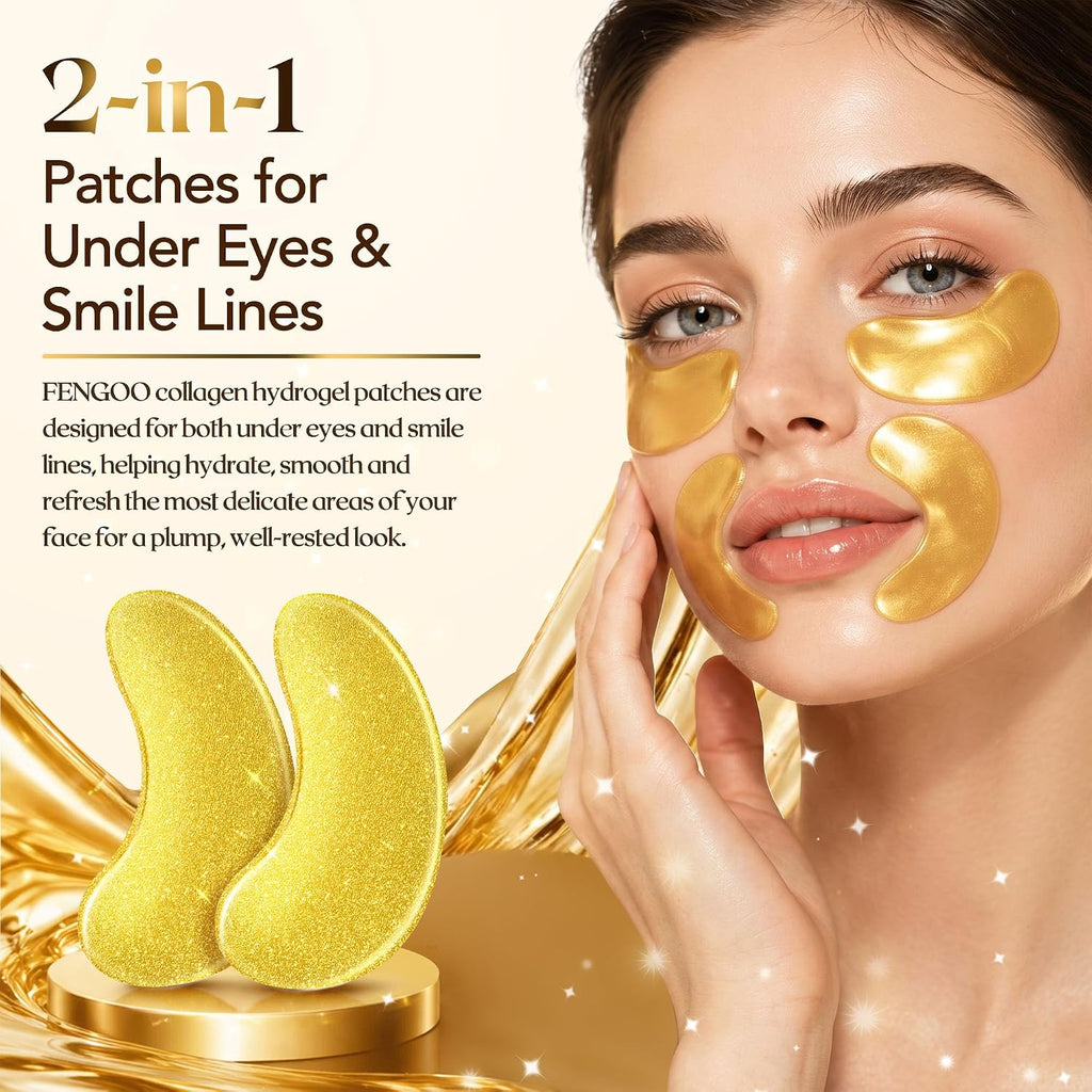 16 Pcs 24K Gold Collagen Under Eye Patches & Smile Line Patches | Sodium Hyaluronate & Cica Eye Masks For Plump,Smooth-Looking Under Eyes,Ideal For Late Nights And Screen Time