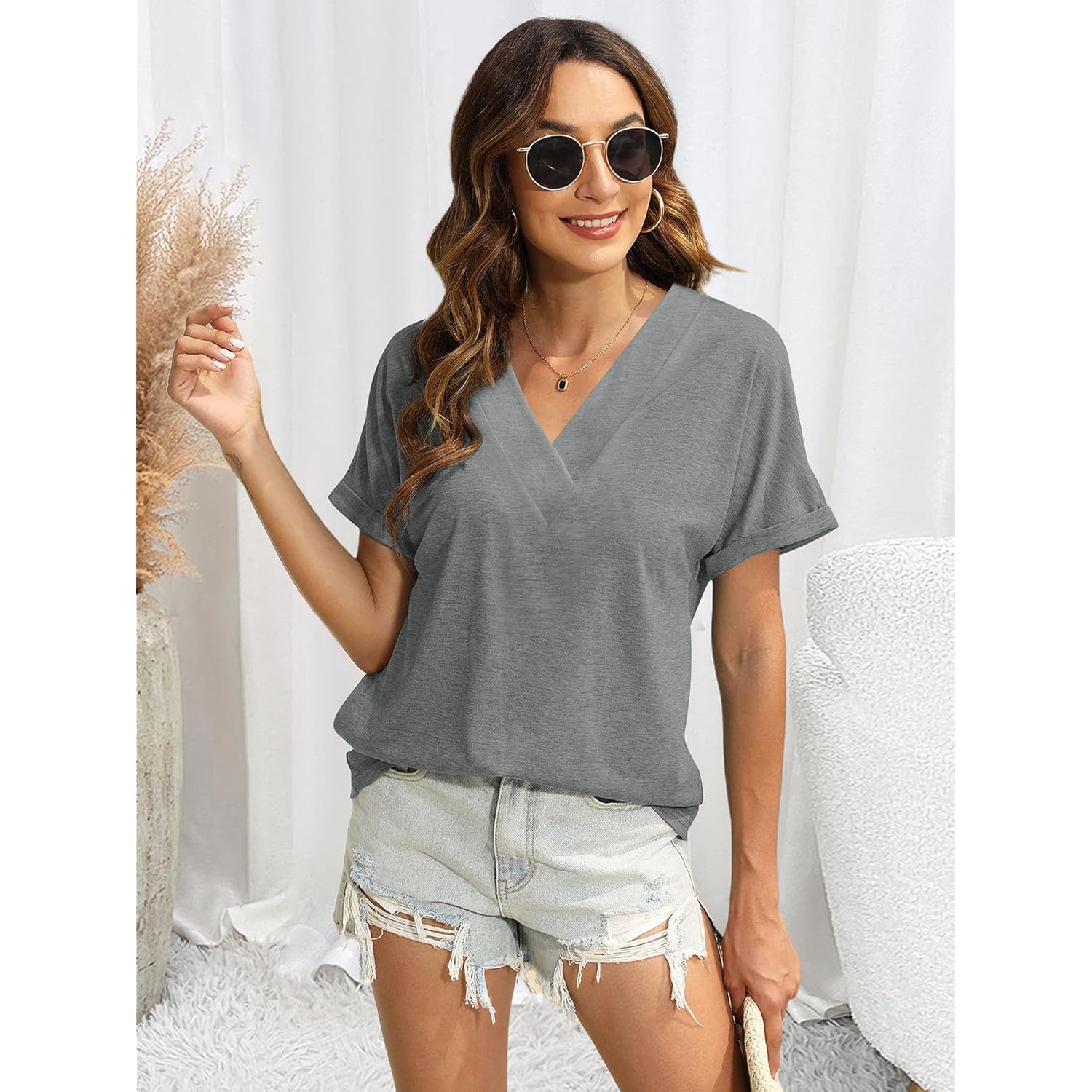 2PCS T Shirts Short Sleeve V Neck Tees Womens Tops Fashion Beach Vacation Clothes 2026 Casual Summer Spring Outfits