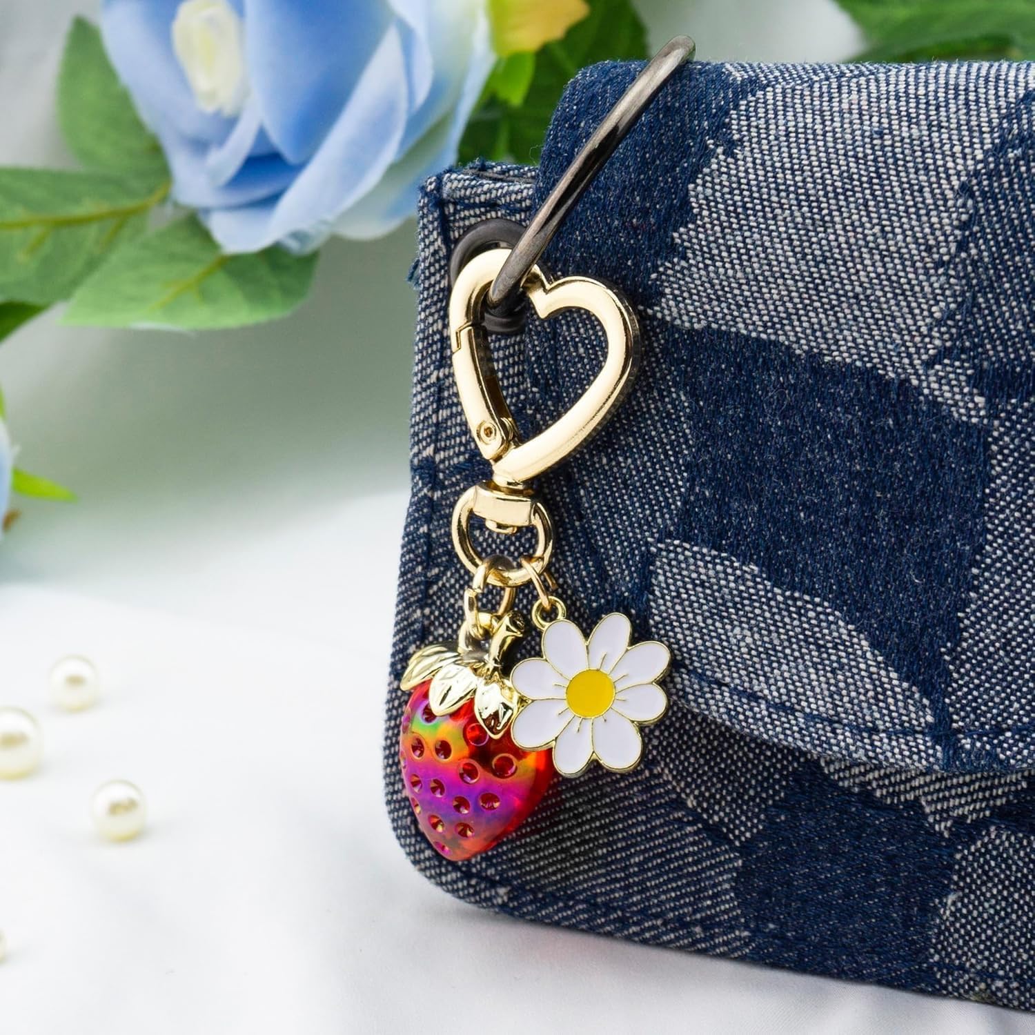 SIGZKK Cute Cherry Strawberry bag charms keychain purse accessories charm for women handbags Kawaii Flower Car Key Chain