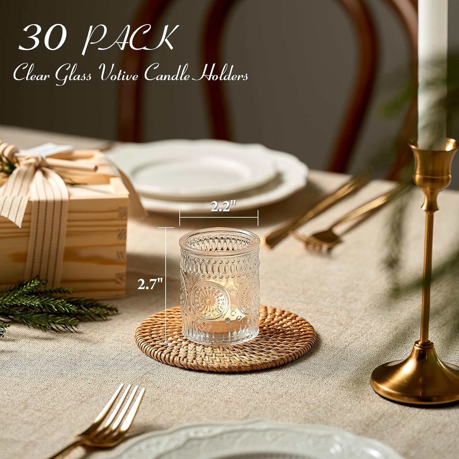 30 Pack Clear Glass Votive Candle Holders, Vintage Candle Holder Bulk, Tealight Candle Holders for Table Centerpieces, Home, Bridal Shower, Birthday, Christmas, Thanksgiving Party Table Decor