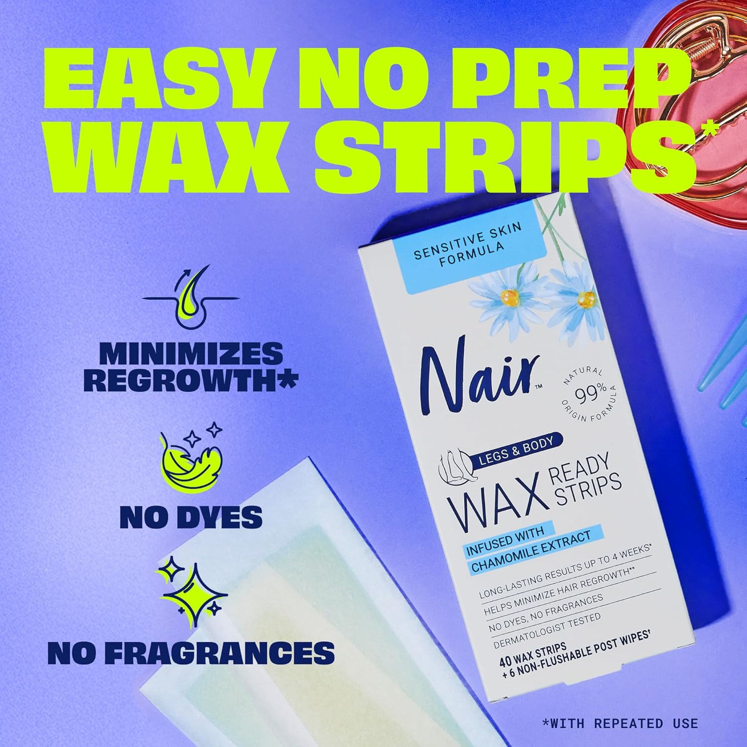 Nair Sensitive Hair Remover Mess-Free Wax Ready Strips, Legs and Body Easy Hair Removal Wax Strips for Sensitive Skin, Chamomile Extract, Dermatologist Tested, Plus 6 Post Wipes, 40 Count