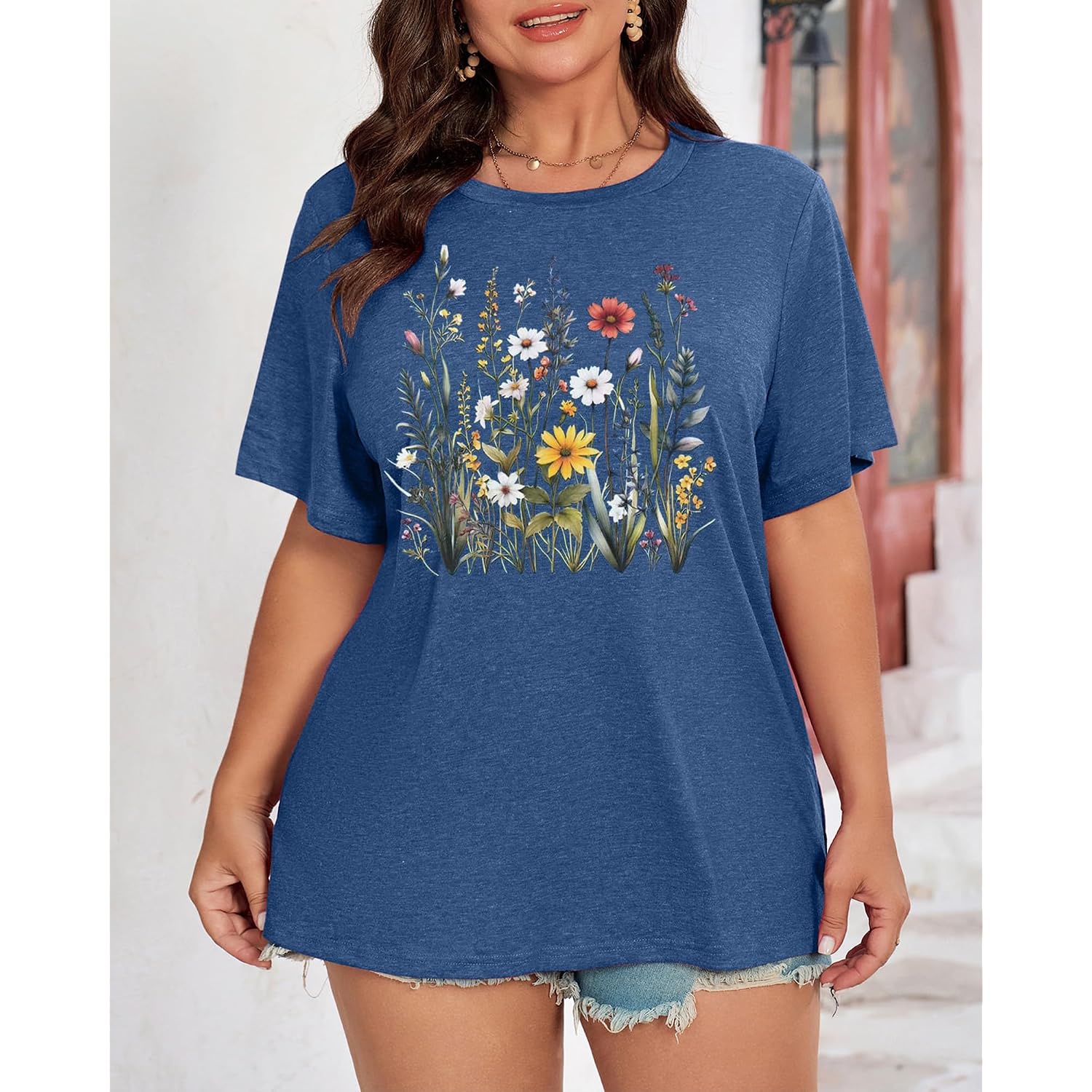 Plus Size Tshirts for Women Graphic Tees Vintage Flower Casual T Shirt Short Sleeve Top Loose Fit Tee Blue 02