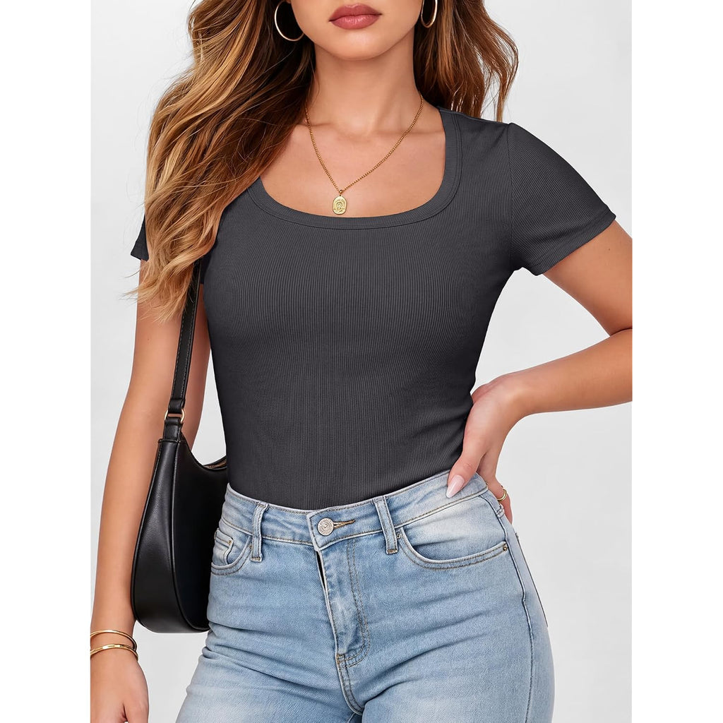 Anrabess Women Short Sleeve Tops Scoop Neck Ribbed Knit Slim Fitted Basic Tee Shirt Casual Summer Clothes 2026 Spring Outfits