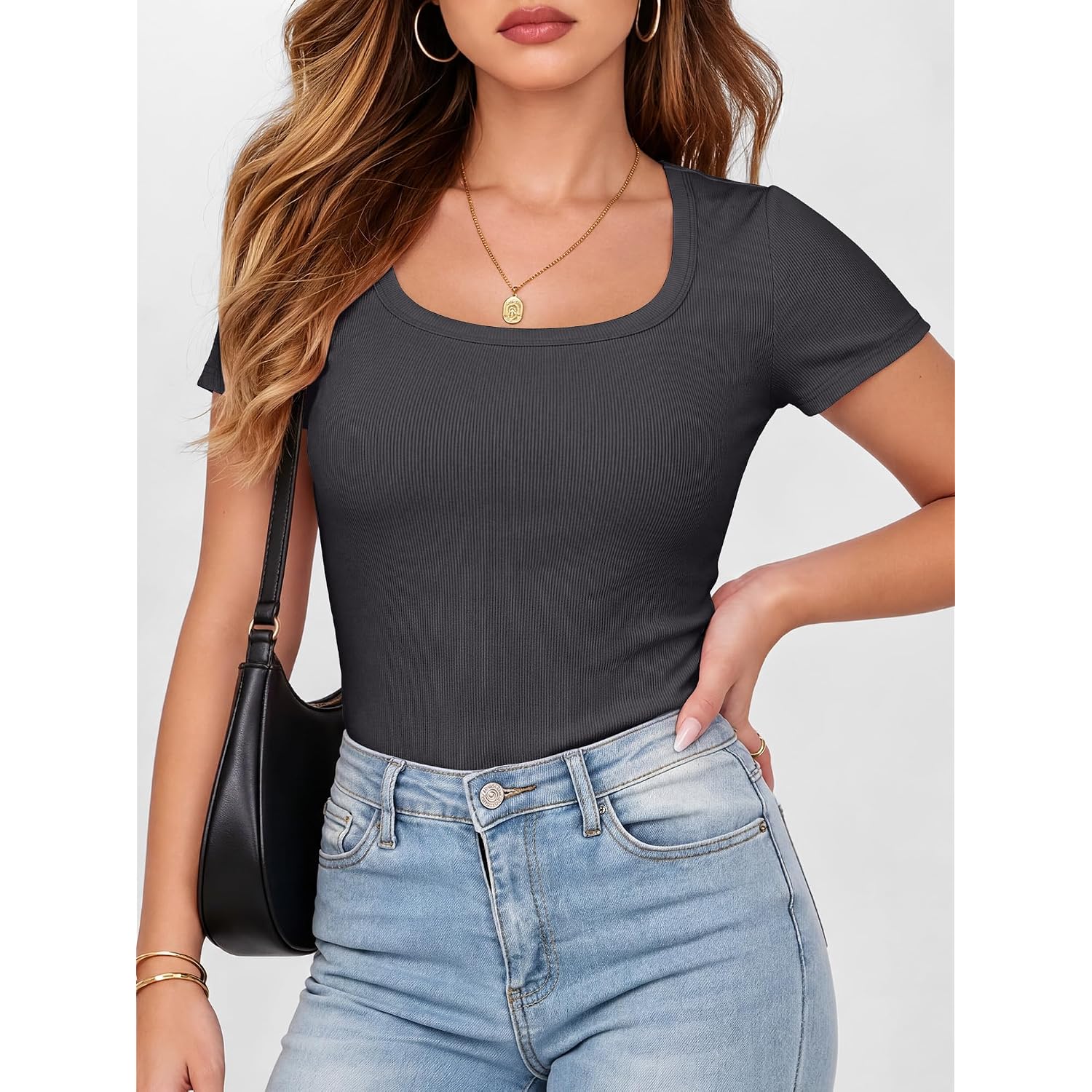 Anrabess Women Short Sleeve Tops Scoop Neck Ribbed Knit Slim Fitted Basic Tee Shirt Casual Summer Clothes 2026 Spring Outfits