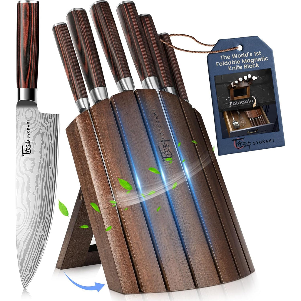 SYOKAMI 2026 Upgrade Knife Set 7 Piece Japanese Style Kitchen Knife Set With Foldable Magnetic Acacia Wood Block Sharp High Carbon Stainless Steel Chef Knives Set with Anti-slip Handle, Ideal for Gift