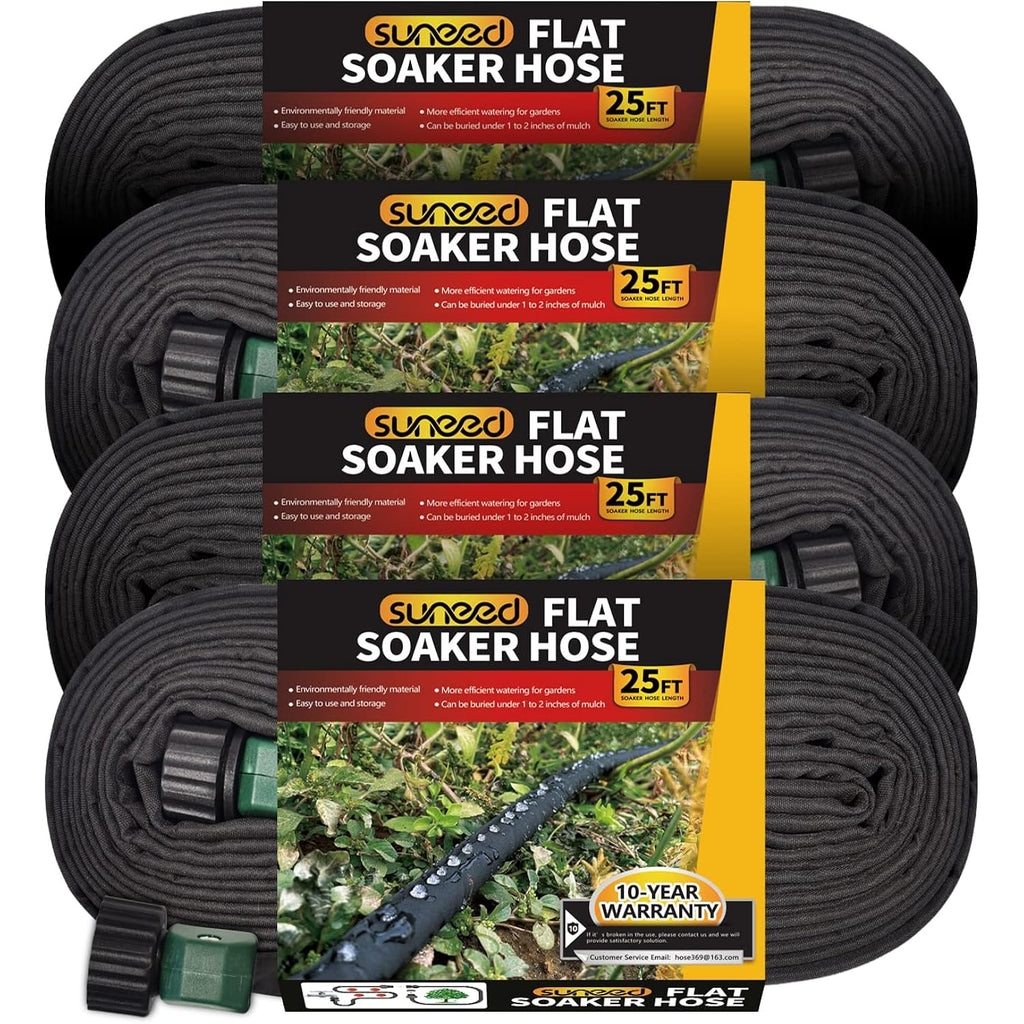 4 Pack Flat Soaker Hose 25Ft For Garden Beds, Lightweight Drip Soaker Hose 100 Ft For Foundation Watering Of Plants – Garden Sprinkler Soaker Hoses With Heavy Duty & Easy To Install (25Ftx4)