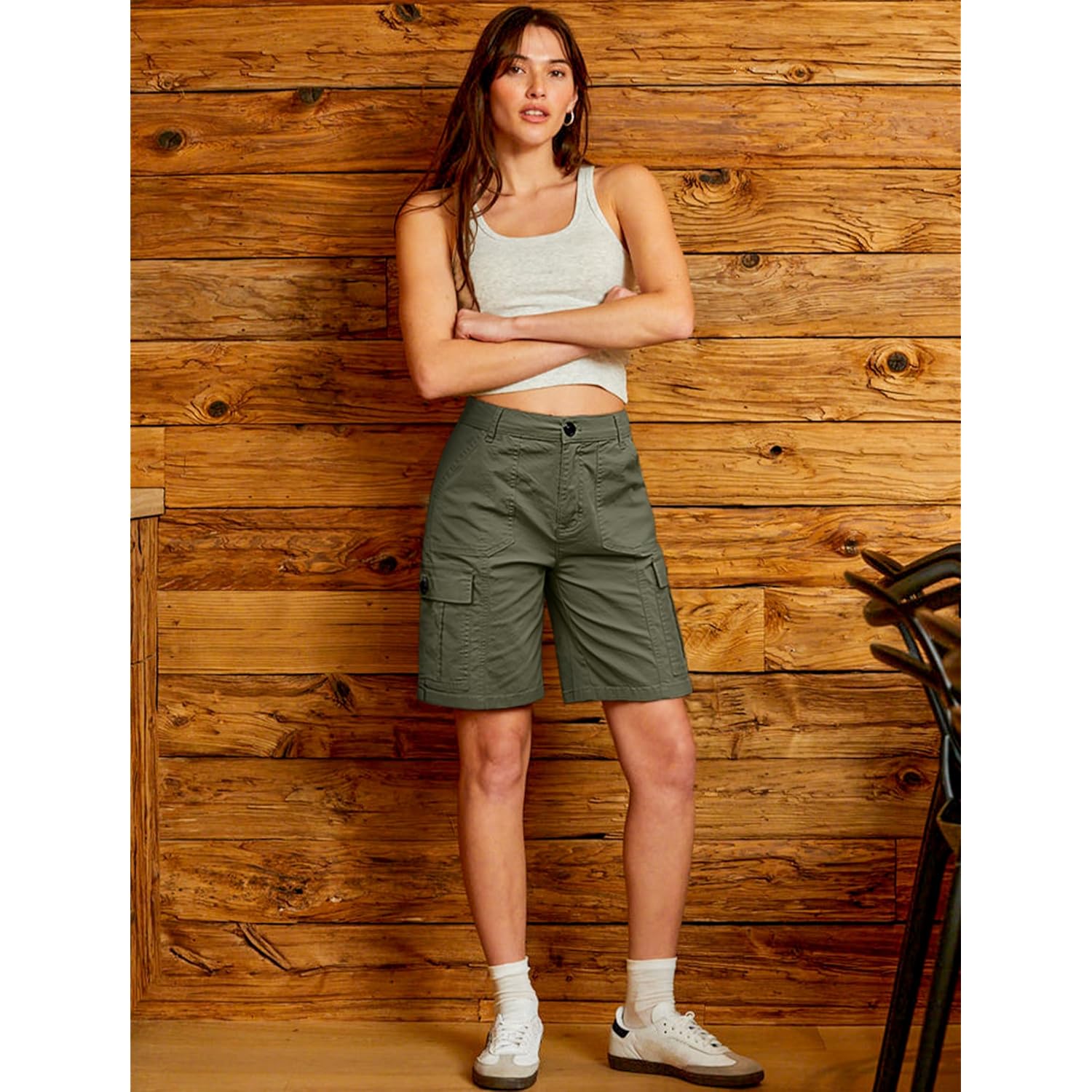 Bermuda Cargo Shorts for Women Casual Long Knee Length High Waisted Stretch Wide Leg Relaxed Fit