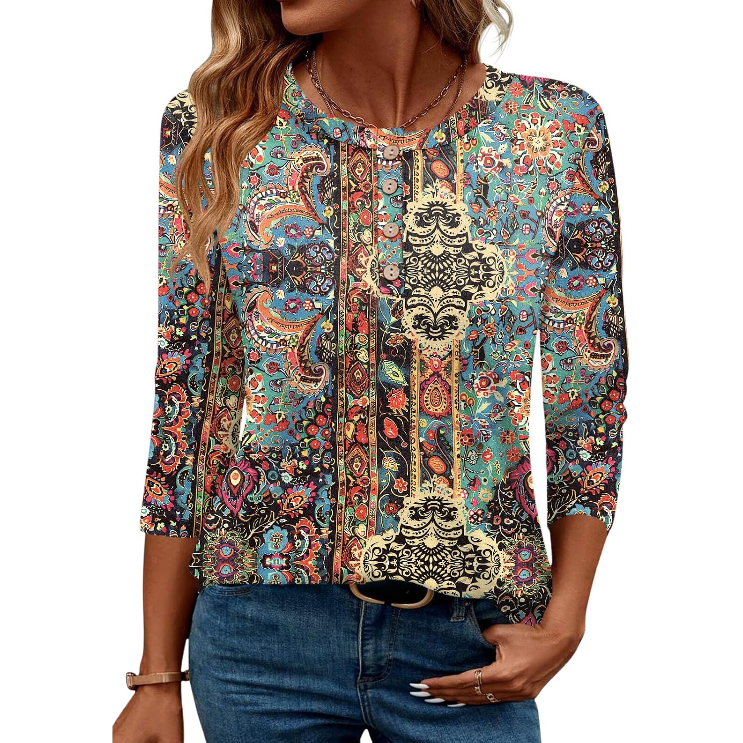 LOMON 3/4 Length Sleeve Womens Tops Casual Crewneck Pullover Tunics Summer Cute Blouses Fashion 2026