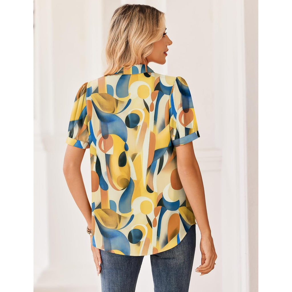 Women Button Down Shirts Puff Short Sleeve Blouses Chiffon Tops Business Casual Outfits Summer Clothes