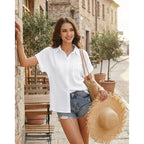 Womens Cotton Linen Button Down Shirts Casual Short Sleeve Solid Summer Blouses Tops with Pocket
