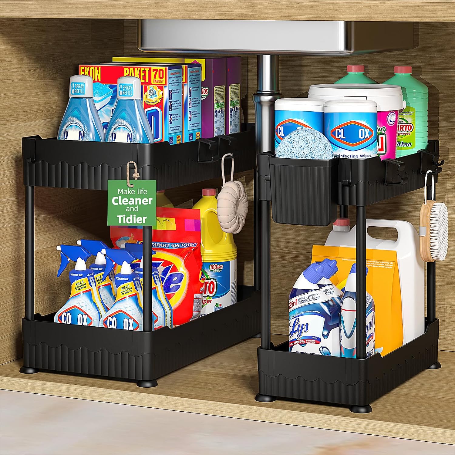 2 Pack Under Sink Organizer, Under Bathroom Cabinet Organizer With Hooks Hanging Cup, Multi-Purpose Storage Shelf For Kitchen Bathroom, Black