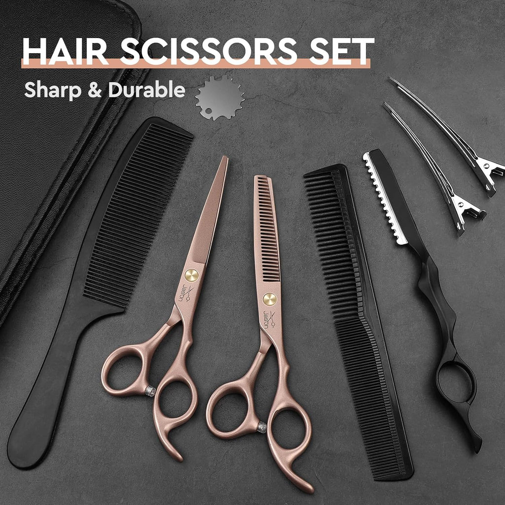 Jason Hair Cutting Scissors Set - 10-Piece Hair Thinning Texturizing Shears Straight For Men, Women & Home Salon Rosegold 6.0"
