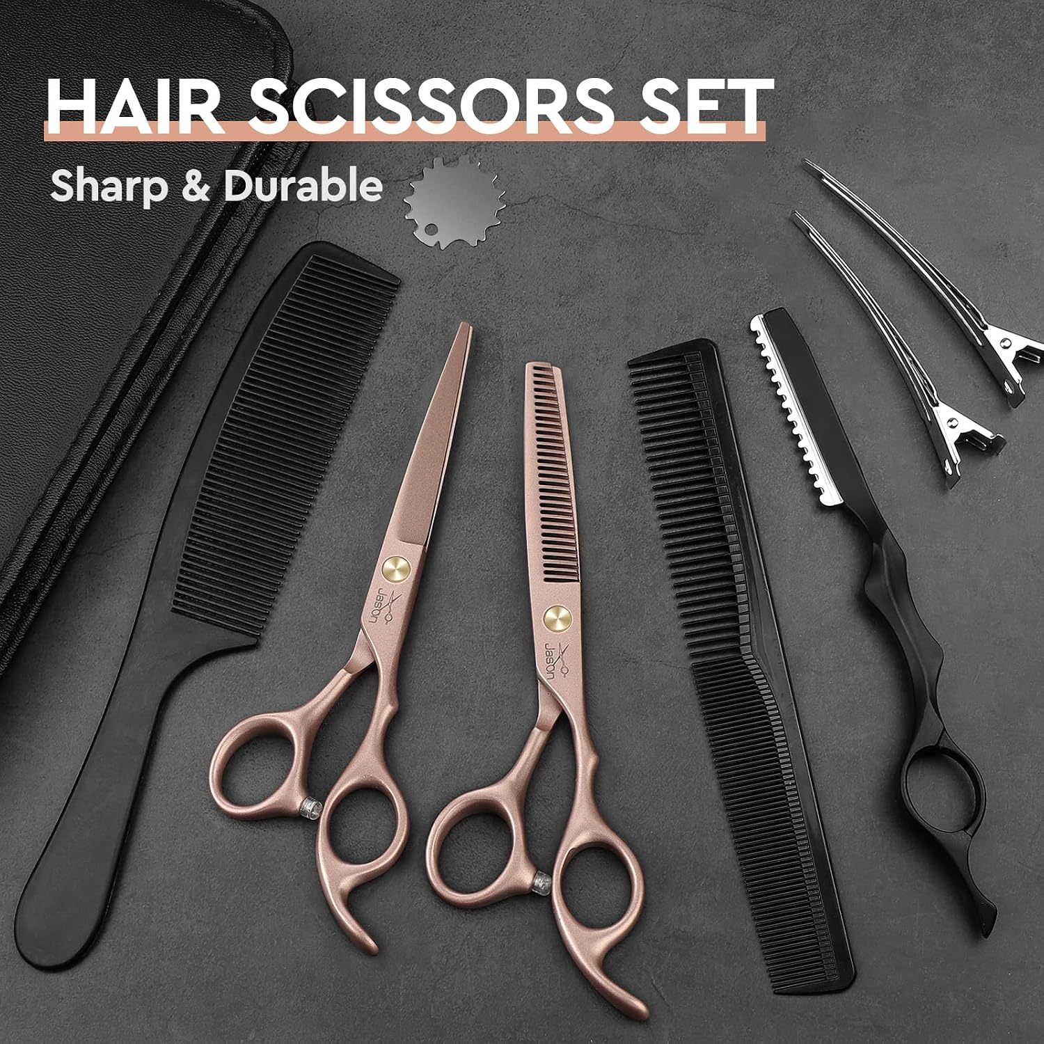 Jason Hair Cutting Scissors Set - 10-Piece Hair Thinning Texturizing Shears Straight For Men, Women & Home Salon Rosegold 6.0"