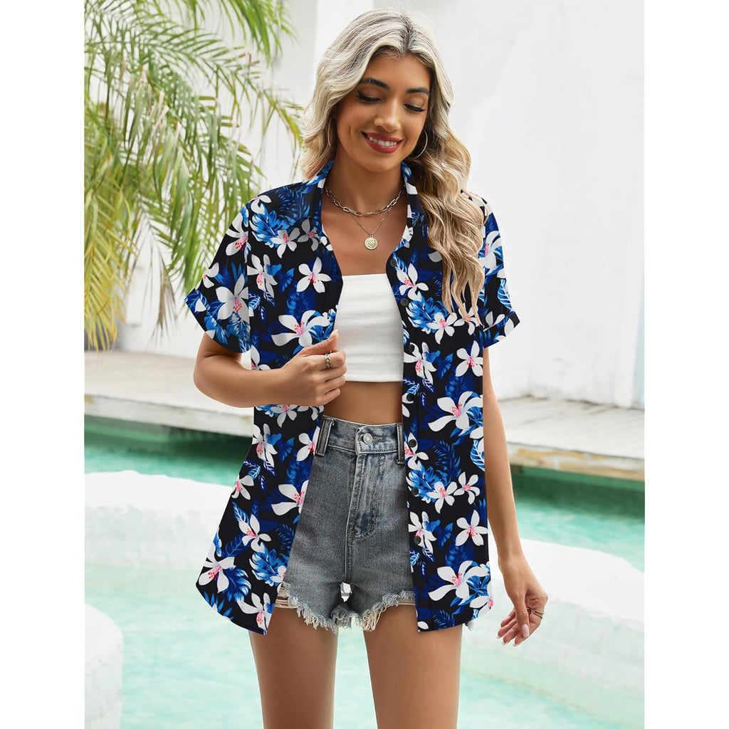 Women's Summer Hawaiian Shirts Floral Short Sleeve Button Down Shirts Hawaii Tropical Beach Tops Outfits