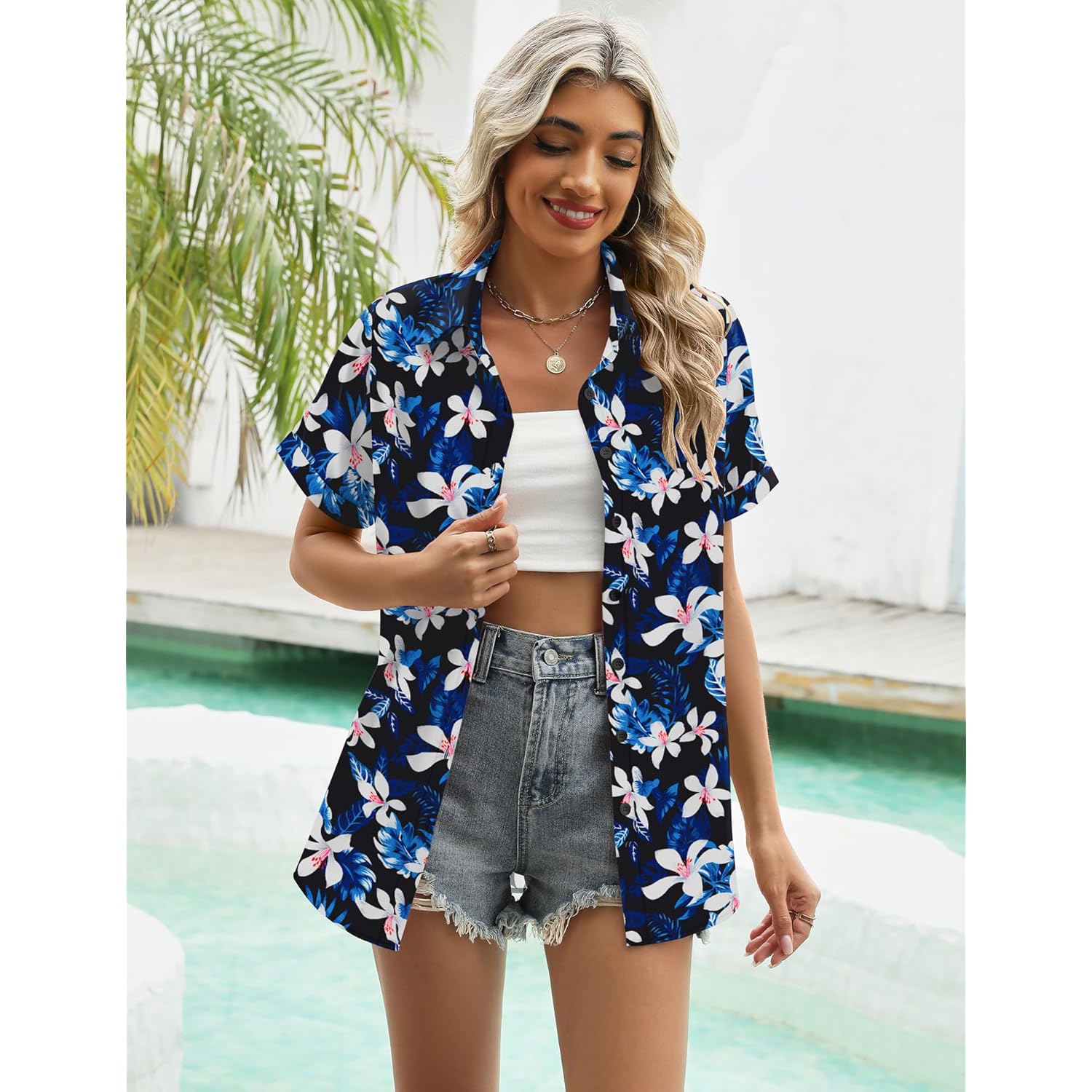 Women's Summer Hawaiian Shirts Floral Short Sleeve Button Down Shirts Hawaii Tropical Beach Tops Outfits