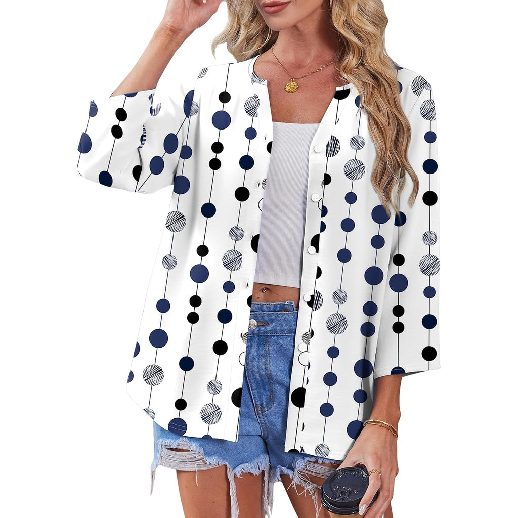 Ofeefan Button Down Shirts For Women 3/4 Length Sleeve Tops V Neck Blouses Business Casual Outfits Loose Fit