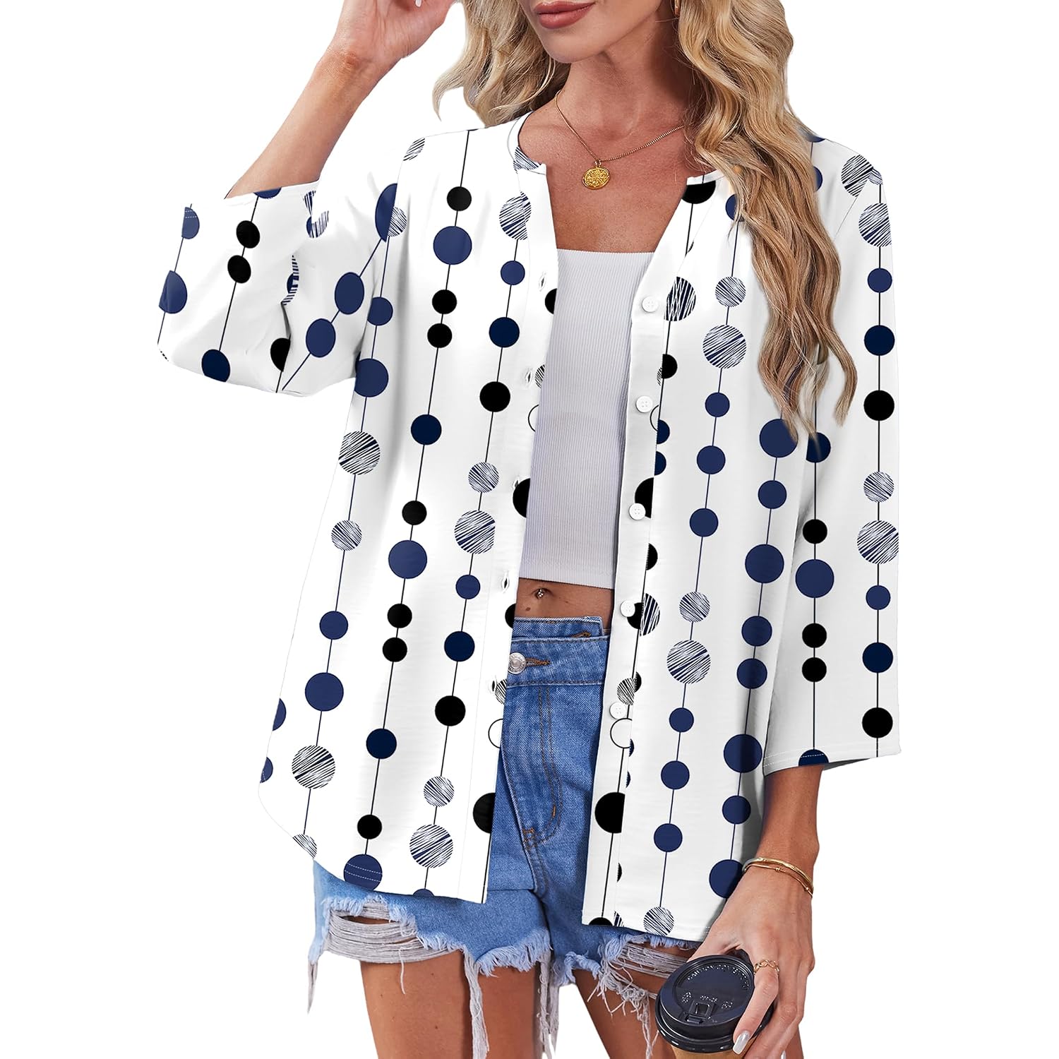 Ofeefan Button Down Shirts For Women 3/4 Length Sleeve Tops V Neck Blouses Business Casual Outfits Loose Fit