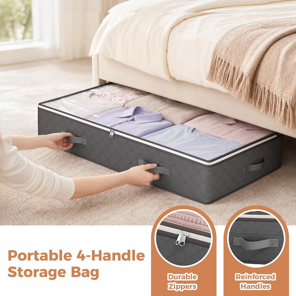 90L Under Bed Storage Containers, 4 Pack Closet Organizers Grey | Foldable Underbed Storage Bins For Linen Sheets, Blanket, Clothing, Comforter, Sweaters, Pillows, Wrapping Paper