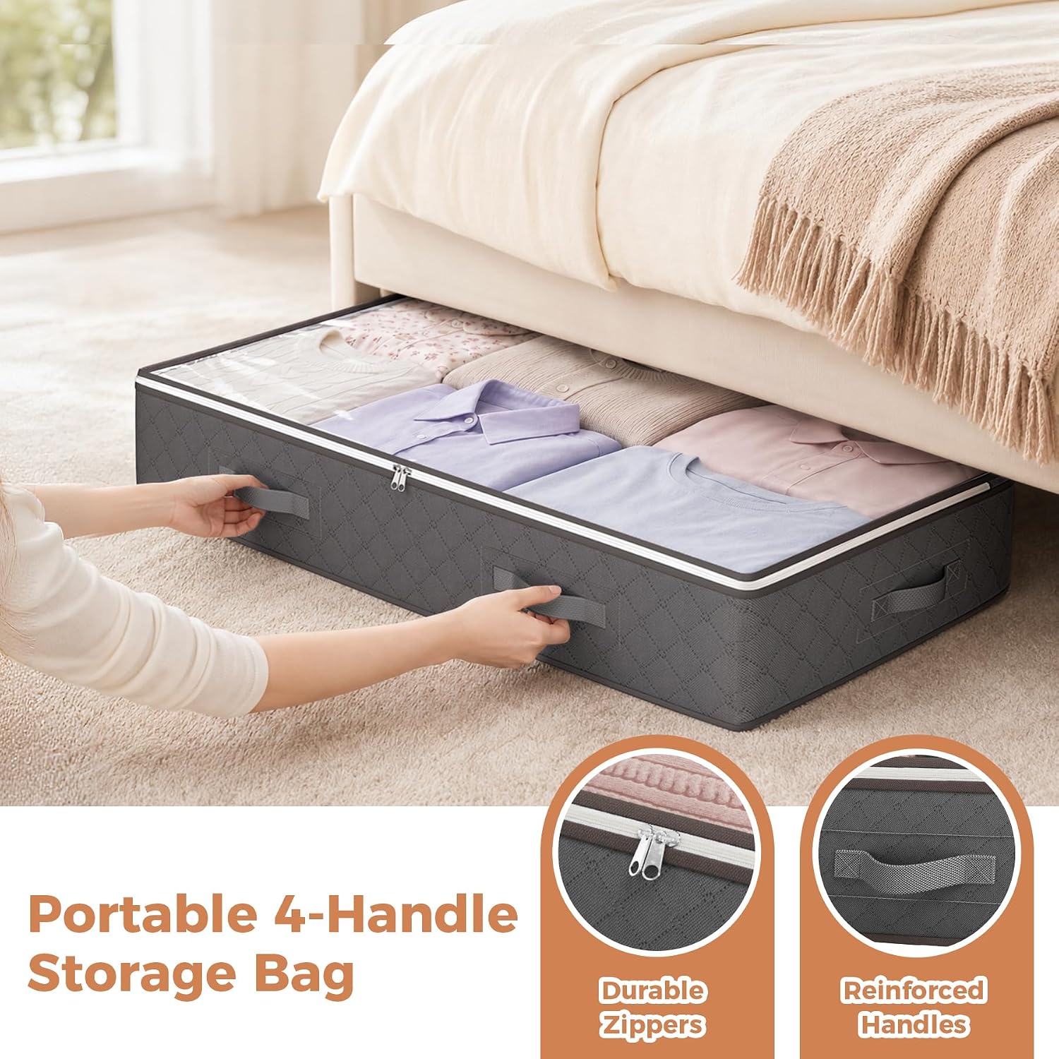 90L Under Bed Storage Containers, 4 Pack Closet Organizers Grey | Foldable Underbed Storage Bins For Linen Sheets, Blanket, Clothing, Comforter, Sweaters, Pillows, Wrapping Paper