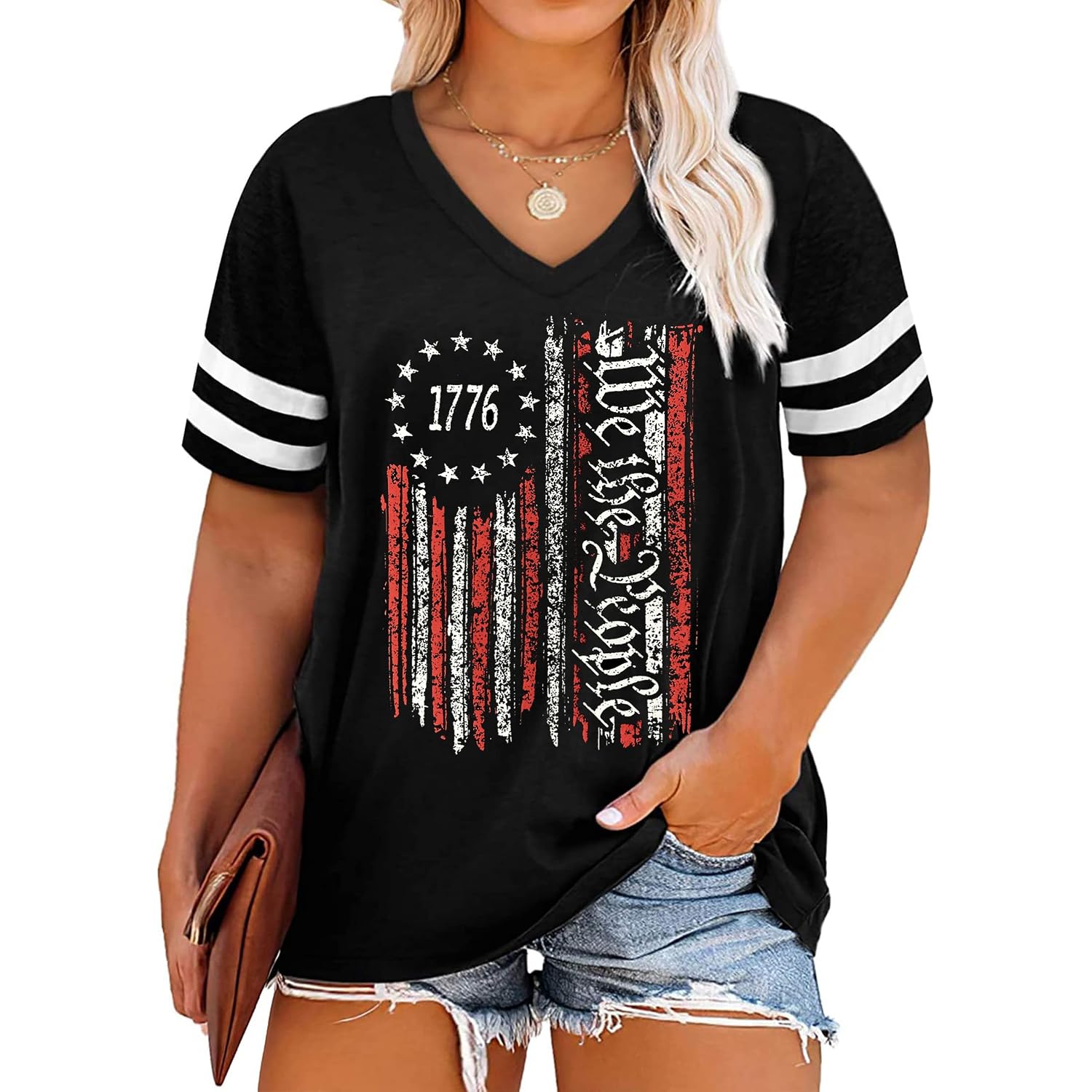 Plus Size Tops American Flag Shirts Womens V Neck Patriotic Tshirt USA Graphic Tee 4th of July T-Shirt