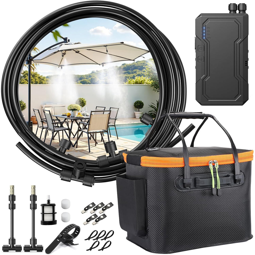 Portable Misting System For Outside Patio, Outdoor Water Cooling Mister With Battery Powered Pump (Max 8Hrs), 20L Bucket, 26Ft Hose, Patio Misters For Tailgating, Pasture, Camping, Canopy, Sport
