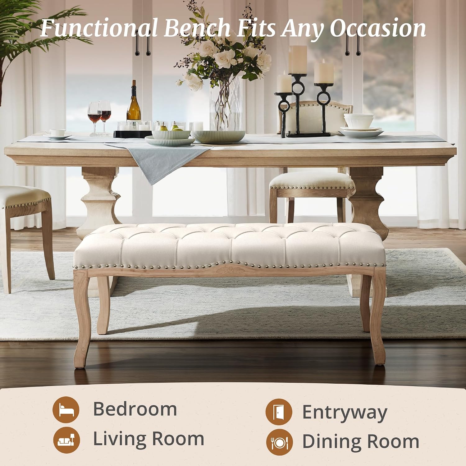 Bedroom Bench, French Vintage Tufted Entryway Bench, 45.2" Carving Upholstered End Of Bed Bench With Distressed Wood Legs, Linen Ottoman Seat For Living Room, Foyer, Dining Room, Beige
