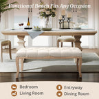 Bedroom Bench, French Vintage Tufted Entryway Bench, 45.2" Carving Upholstered End Of Bed Bench With Distressed Wood Legs, Linen Ottoman Seat For Living Room, Foyer, Dining Room, Beige