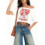 Kistore Off The Shoulder Tops for Women Going Out Short Sleeve Crop Top Boat Neck Loose T Shirt B Coconut Tree Print