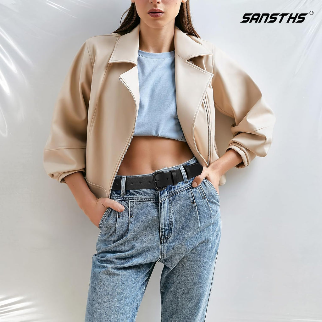 SANSTHS Women Leather Belt for Jeans Pants Dresses Black Ladies Waist Belt with Black Buckle