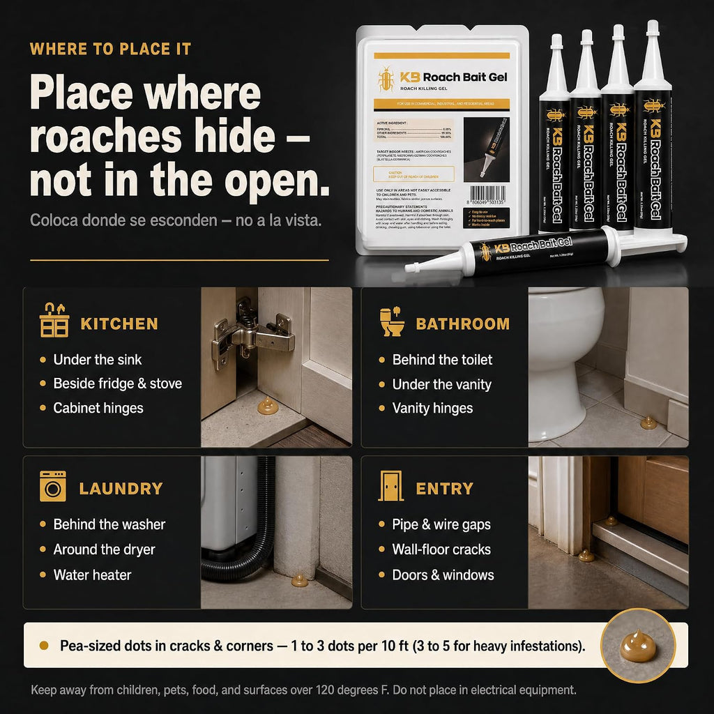 German Roach Killer Indoor Infestation For Home | 97~99% Lab-Tested Mortality In 14 Days - 0.05% Fipronil | 90-Day Whole-Home Protocol, 4 Syringes
