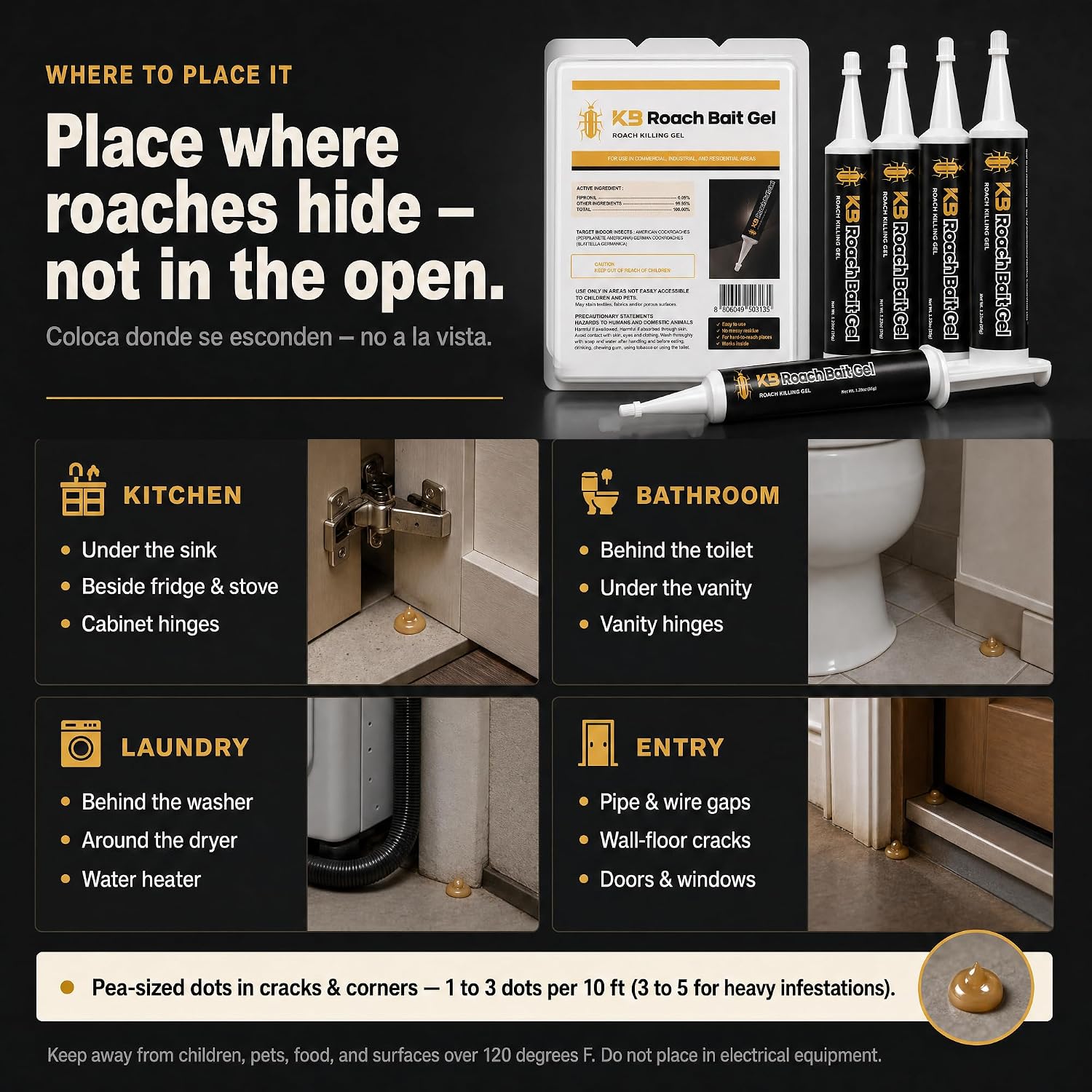German Roach Killer Indoor Infestation For Home | 97~99% Lab-Tested Mortality In 14 Days - 0.05% Fipronil | 90-Day Whole-Home Protocol, 4 Syringes