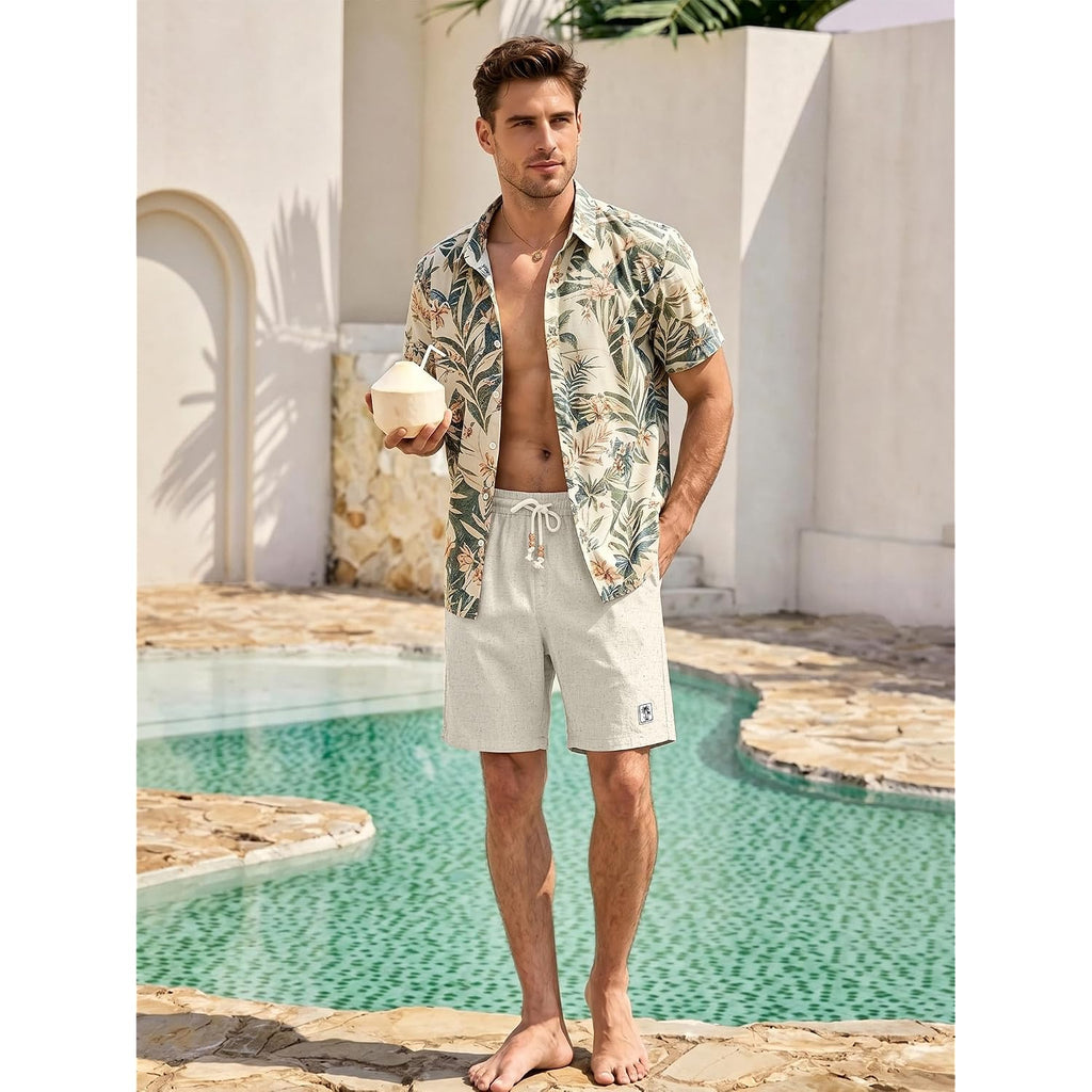 Jemldl Mens Cotton Linen Shorts 7 Inch Elastic Waist Drawstring Casual Vacation Summer Beach Golf Shorts With Pockets