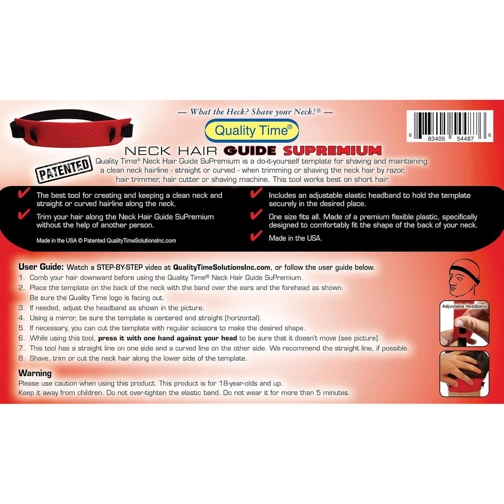 Quality Time Neck Hair Guide Supremium, The Original Neckline Template For Shaving And Keeping A Straight Or Curved Neck Hairline; A Line Up Stencil/Guard For Neckline, Do-It-Yourself Made In Usa