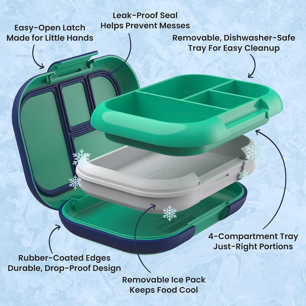 Bentgo Chill Kids Leakproof Lunch Box - 4-Compartment Bento Box With Built-In Ice Pack, 3.3 Cup Capacity, Bpa-Free, Microwave & Dishwasher Safe Tray, Ages 3–7 (Green/Navy)