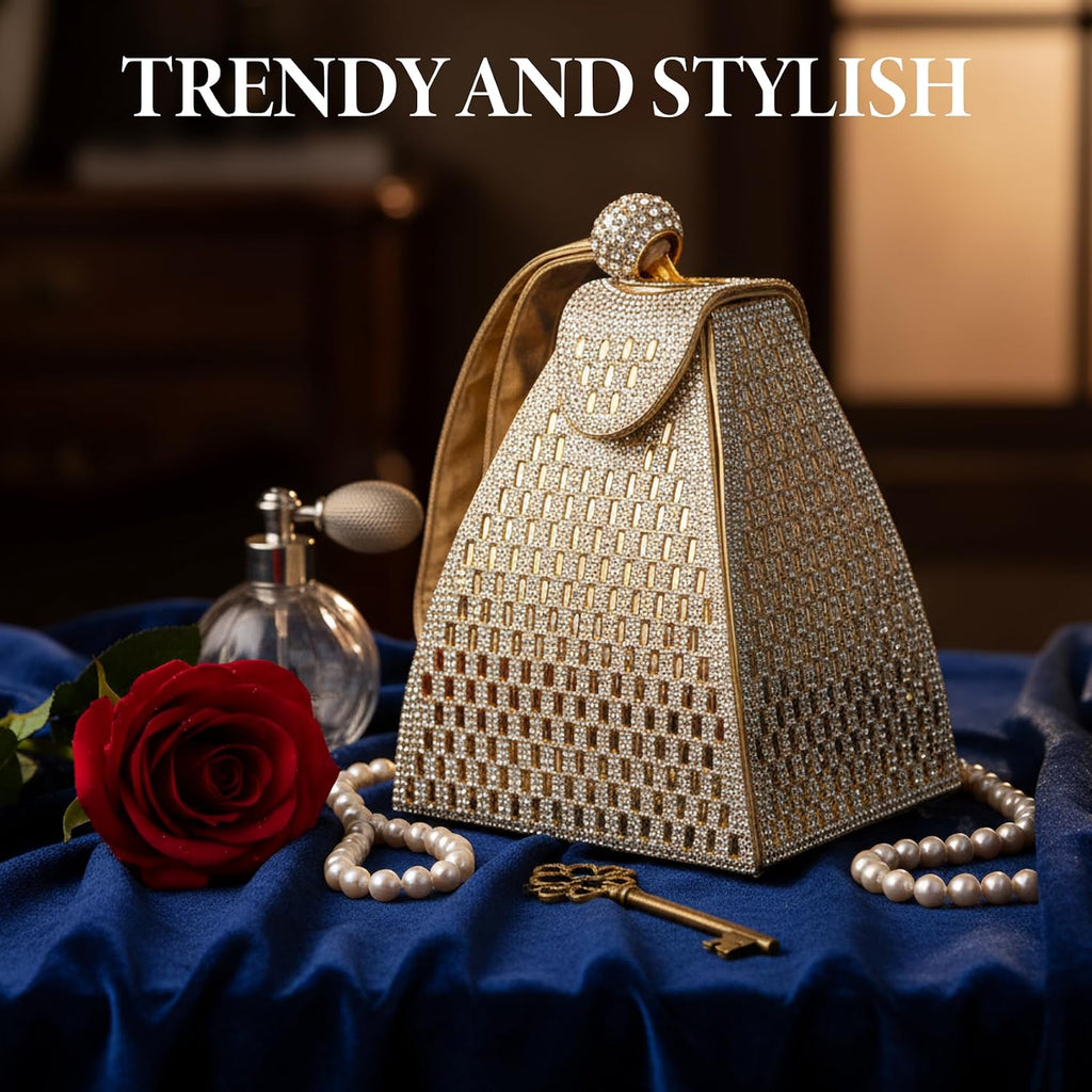 Womens Rhinestone Clutch Evening Bags - Gold Sparkly Glitter Silver Handbags Pyramid Shape Luxury Purse