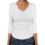ANRABESS Womens 3/4 Length Sleeve Ribbed Knit Tops&Shirts, V Neck Slim Fit Soft Medium Stretch, Summer Casual Basic Outfits
