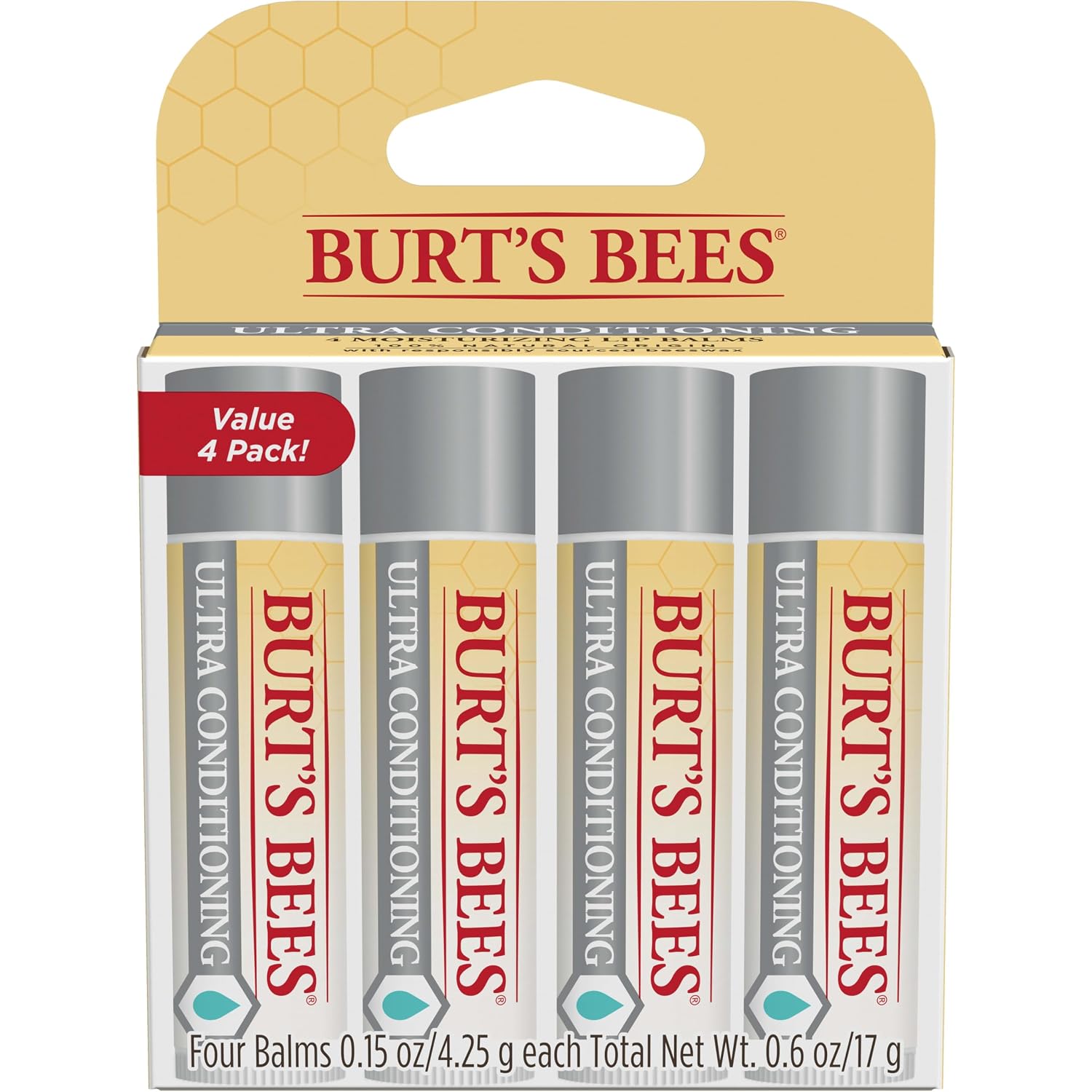 Burt'S Bees Lip Balm, Moisturizing Lip Care, 100 Percent Natural Origin, Ultra Conditioning With Shea, Cocoa And Kokum Butter, 0.15 Oz., Four Tubes